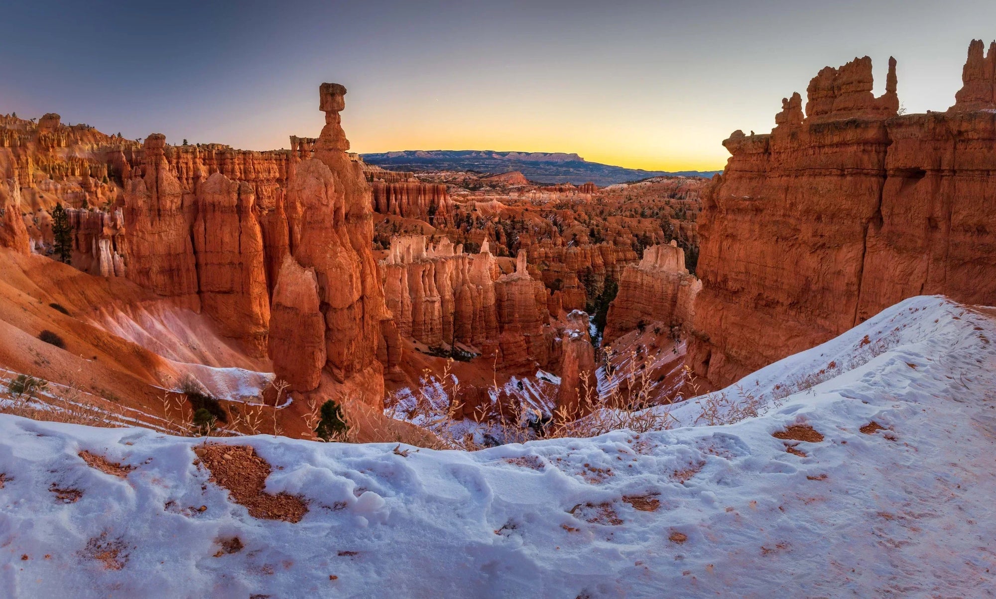 Snow-dusted hoodoos at sunrise in Bryce Canyon National Park, Utah