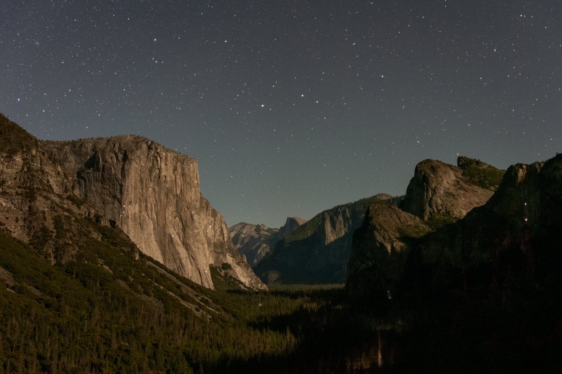 Starry night sky over Yosemite Valley, with El Capitan on the left and granite cliffs on the right above a dark pine forest.