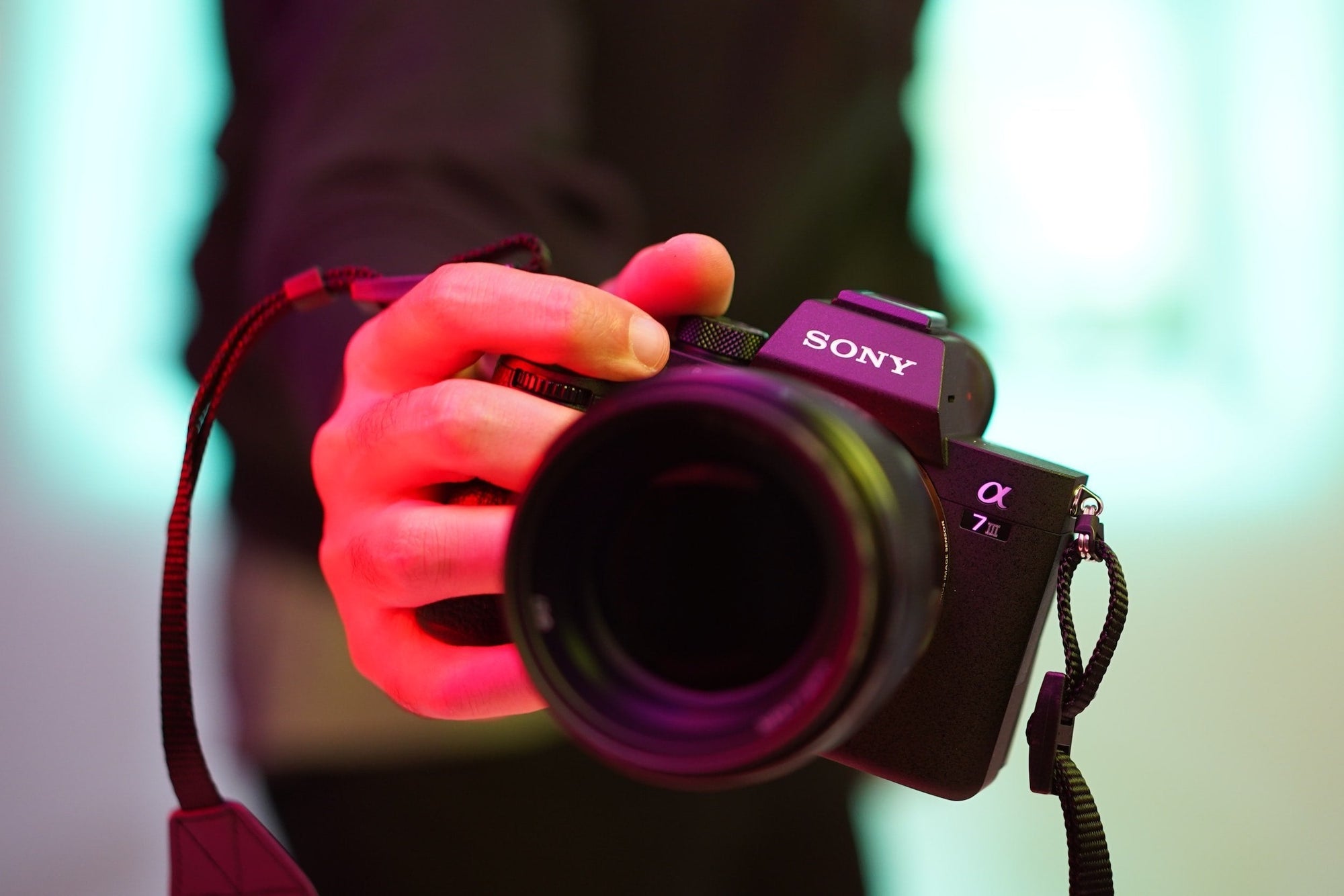 Close-up of Sony mirrorless camera held in hand, illustrating modern mirrorless camera design for landscape photography