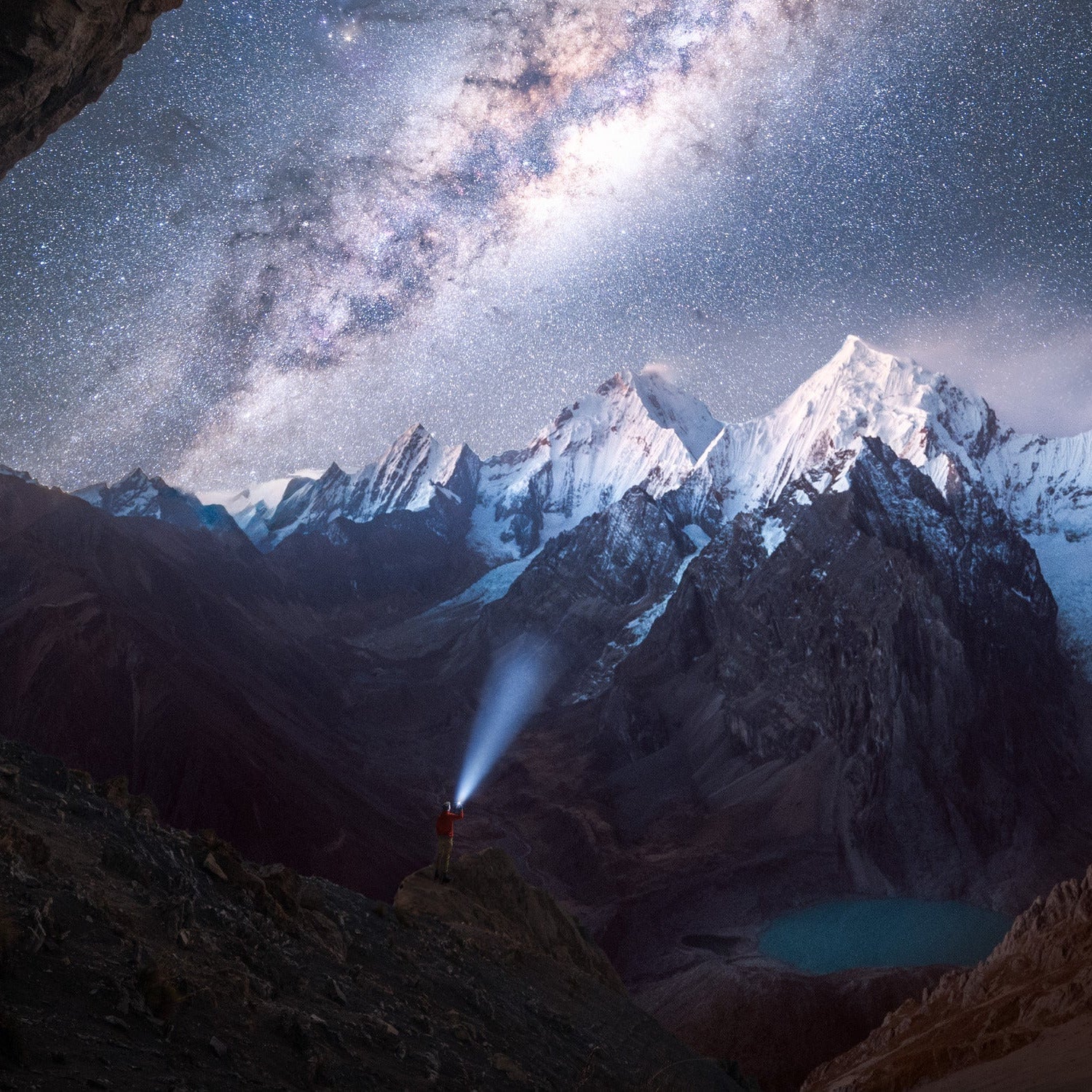 Milky Way rising above the jagged peaks of Cordillera Huayhuash, Peru, reflected in a turquoise glacial lake, fine art landscape photography
