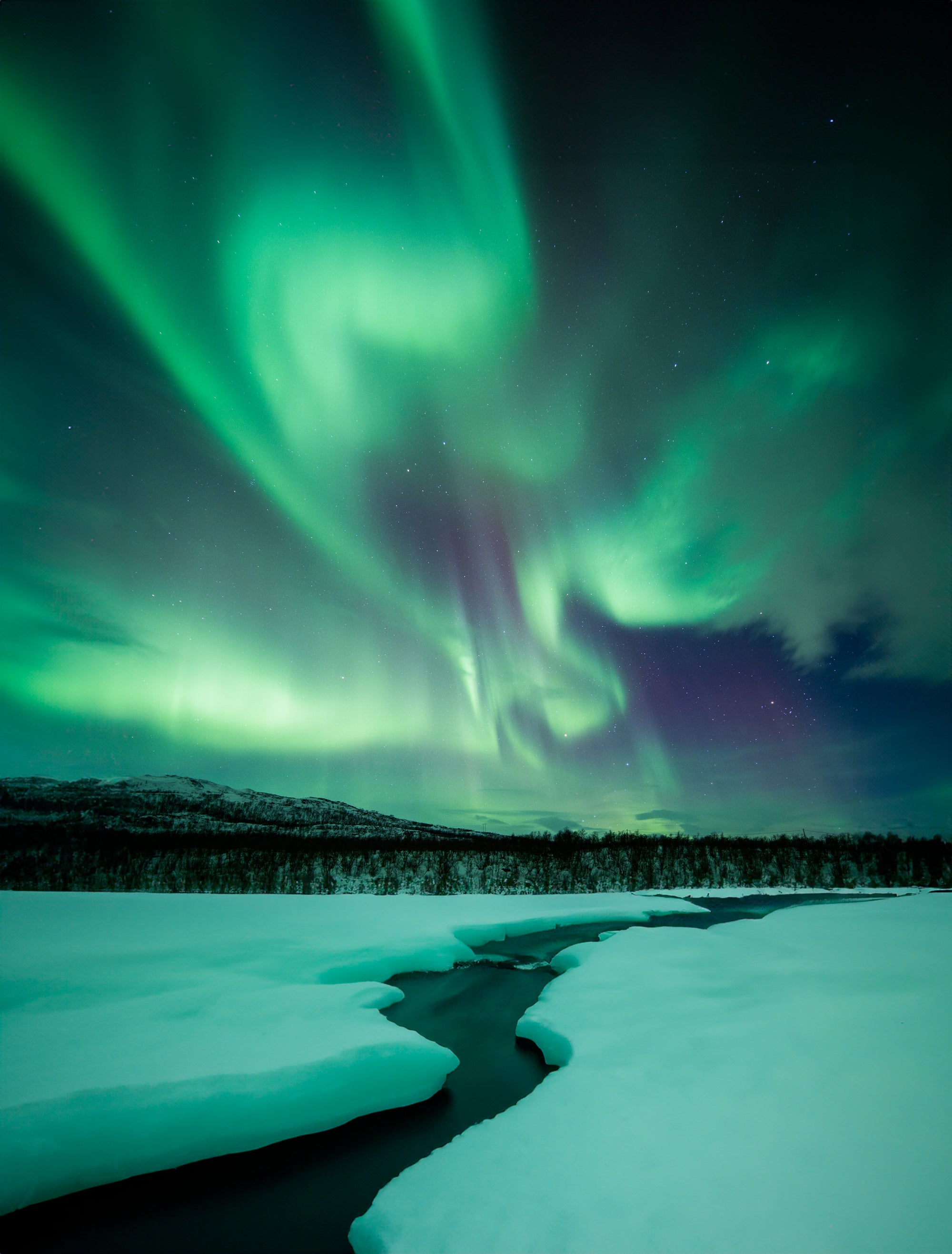 Bright green aurora borealis (northern lights) swirling across the night sky above a frozen river and snowy landscape in Abisko National Park, Swedish Lapland.