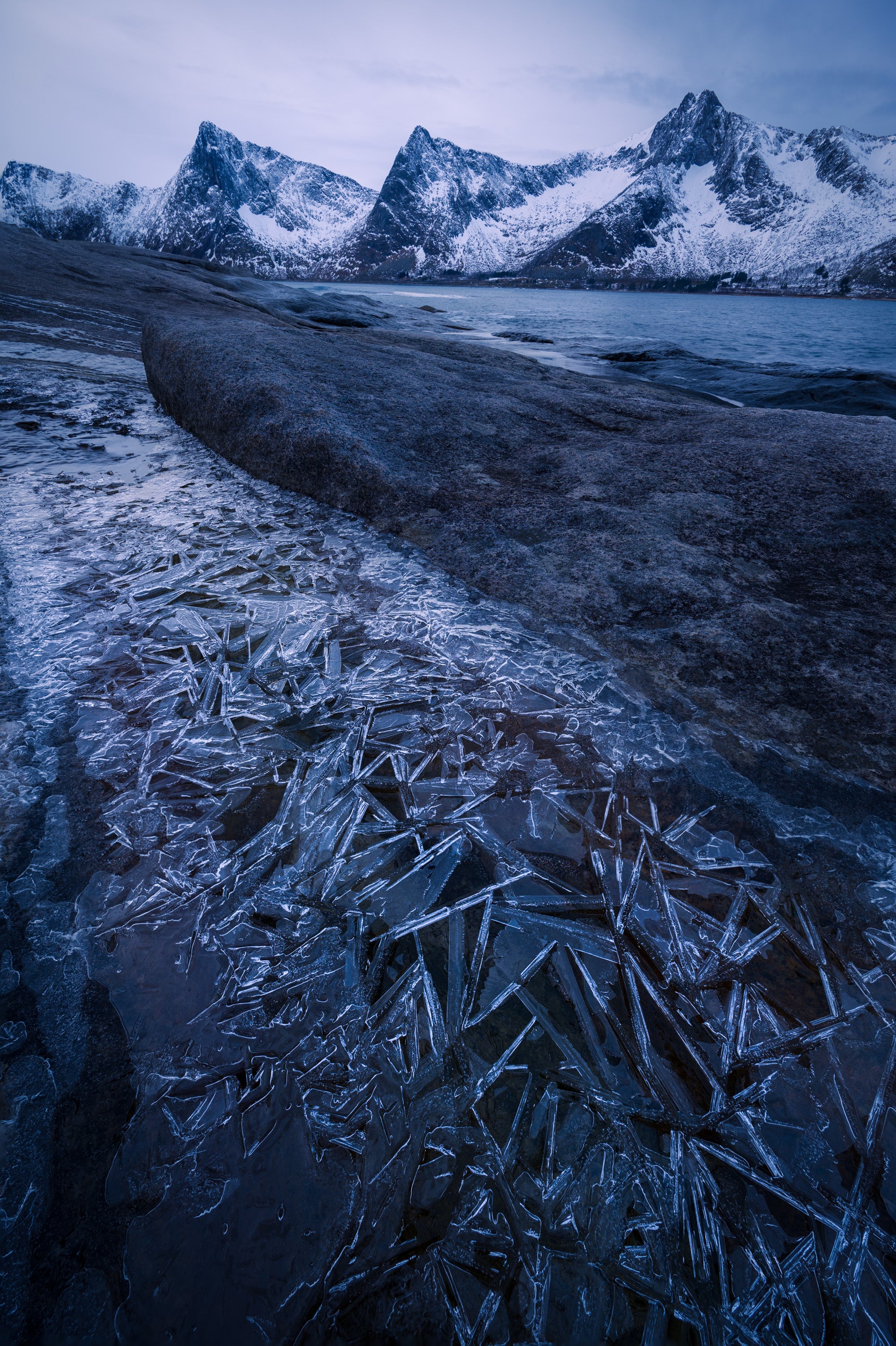 Thin ice crystals forming patterns along the shoreline of a fjord in Lofoten, Norway, with snow-dusted jagged mountains rising across dark water under cold winter light.