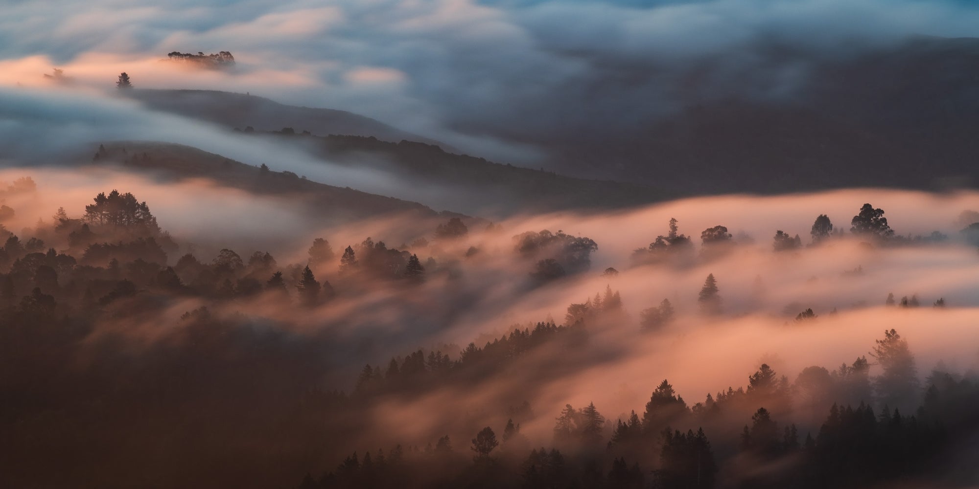Sunrise light igniting rolling fog over forested hills in Mill Valley, California, creating warm glowing layers across the landscape.