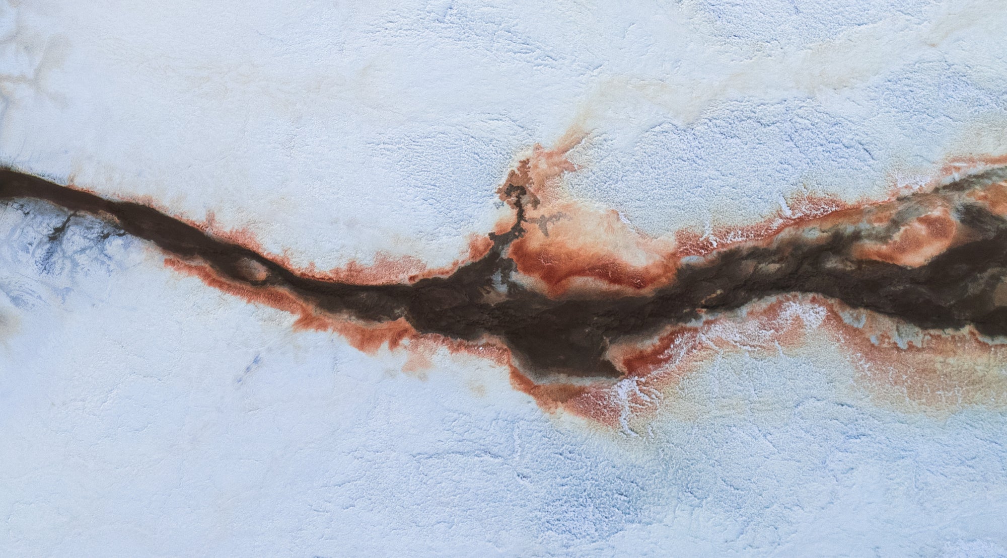 Abstract aerial photograph of a dry lake bed in California’s Owens Valley, showing mineral and salt deposits forming branching red, brown, and white patterns.